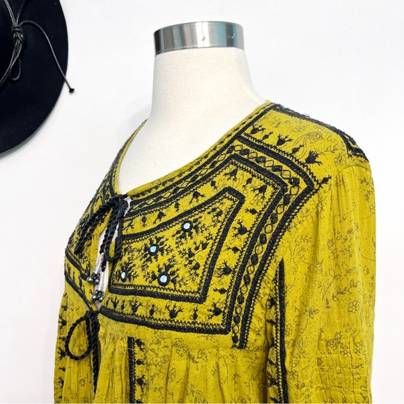 free people | twilight folk embroidered jacket tie-front closure chartreuse s - Picture 9 of 16